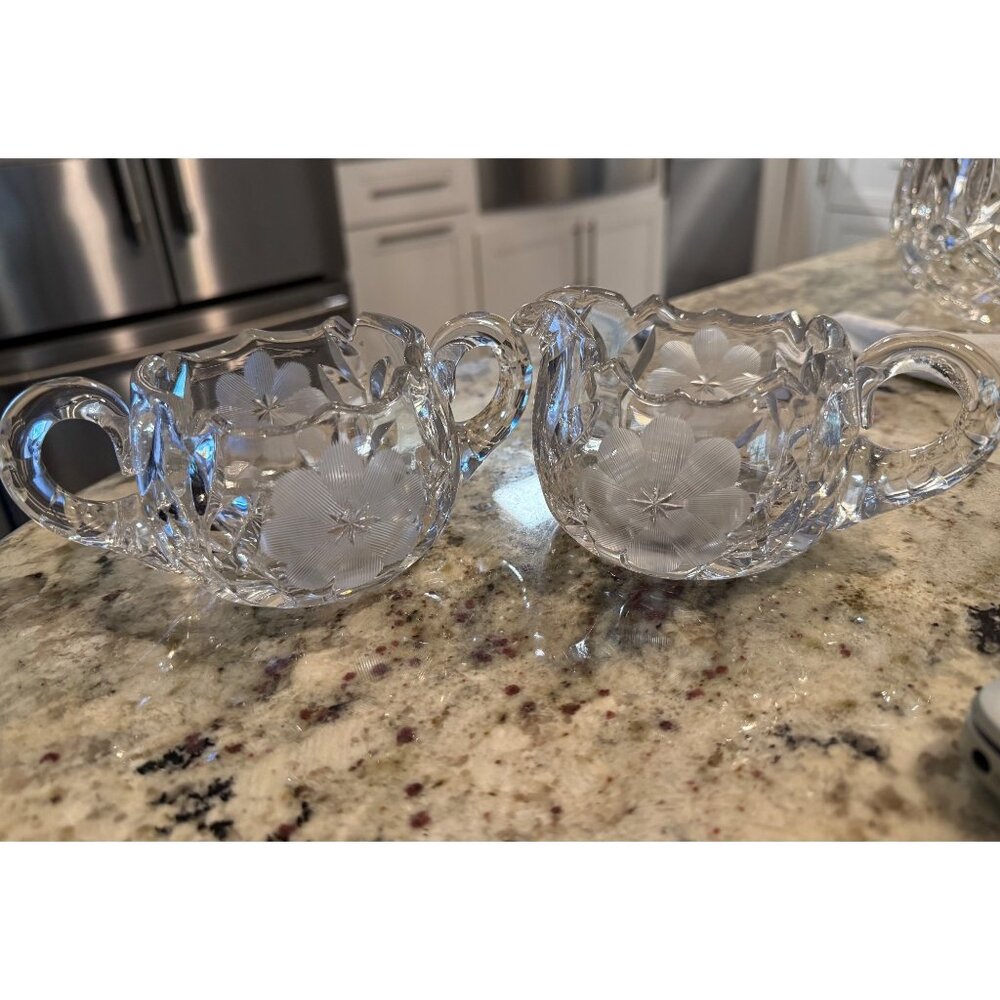 Vintage Crystal Creamer & Sugar Bowl Set With Floral Etched Design Table Top